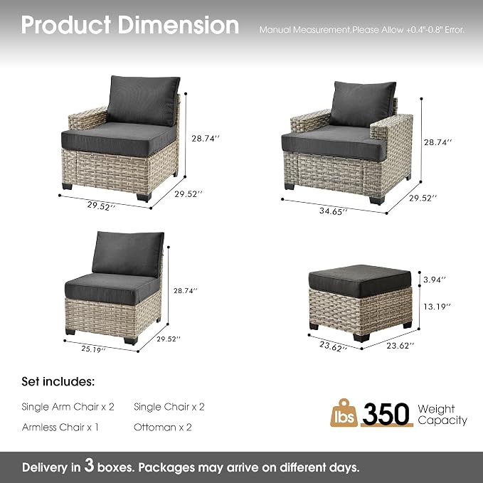 Outdoor Sectional Patio Furniture Set,7 Pieces All Weather Rattan Wicker Conversation Sets,Out Door Furniture with Ottoman Single Chair,Black