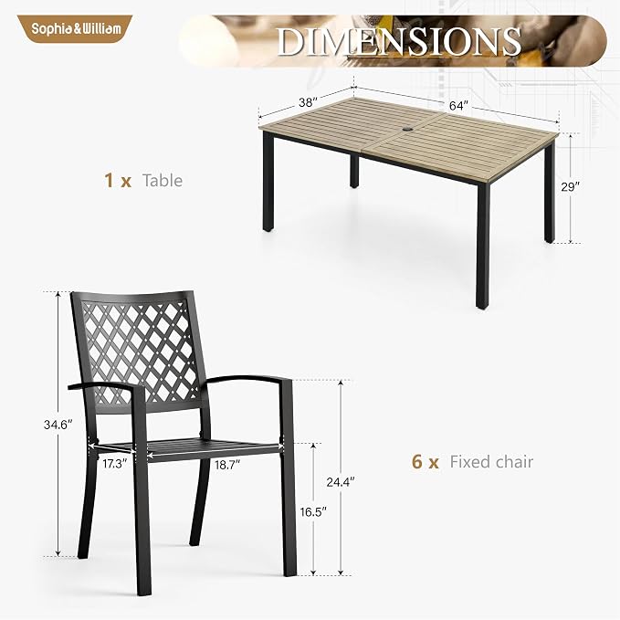 Sophia & William Patio Dining Set Outdoor Table and Chairs 7 Piece Metal Patio Table Furniture Set with Large Rectangular Dining Table for 6 Person and Stackable Outdoor Chairs Support 300LBS (Balck)