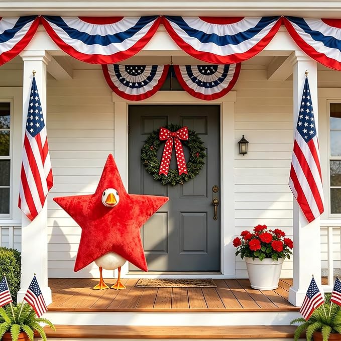4th of July Patriotic Porch Goose Outfits for 23" Lawn Statue Independence Day Star Goose Costume for Garden Patio USA 250th Anniversary Decoration (Red Star)