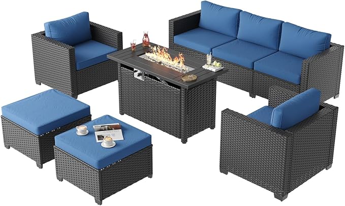 Aoxun Patio Furniture Set with Fire Pit Table, 6 Piece Outdoor Furniture Set with Wicker Ottomans, Rattan Outdoor Sectional Sofa with Thickened Cushion & Waterproof Cover Navy Blue