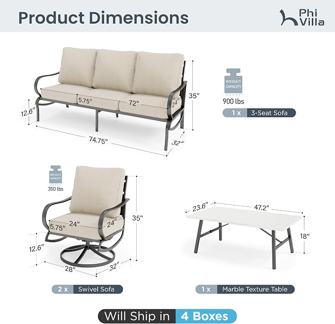 PHI VILLA 4 Piece Patio Furniture Set with 1 x 3 Seater Padded Deep Seating Bench, 2 x Swivel Cushioned Armrest Sofa Chairs and 1 x Coffee Table, Metal Outdoor Furniture Set for 5