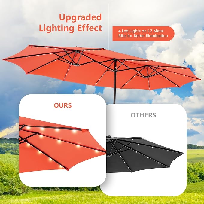 Tangkula 11 Pieces Patio Dining Set with 15 ft Double-Sided Patio LED Umbrella (Base Included), Outdoor Rattan Furniture Set with 8 Armchairs, 1 Rectangular Acacia Wood Dining Table (Orange)