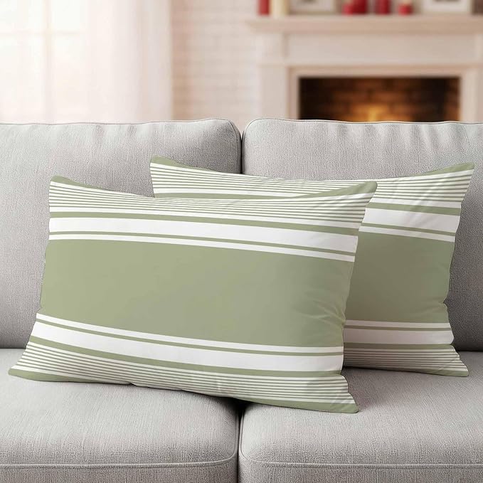 Outdoor Waterproof Throw Pillow Covers, Sage Green Striped Decorative Pillow Cases, Modern Color Block Farmhouse Stripes Couch Pillow Protector Patio Sofa Cushion Covers Replacement 20"x12" 2 Pack