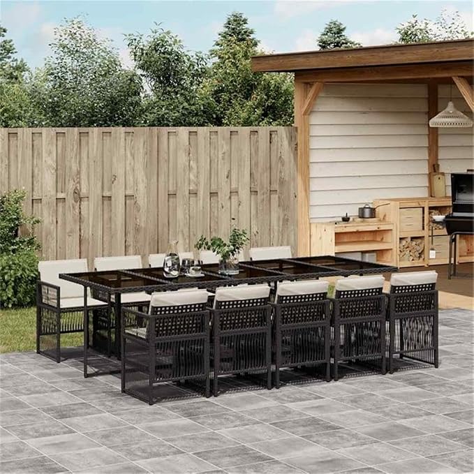Afuera Living 11-Piece Poly Rattan Garden Dining Set, Black/Cream White, UV-Resistant, Powder-Coated Finish, Rectangular Table with Cushioned Chairs, Outdoor Patio Furniture for Garden or Terrace