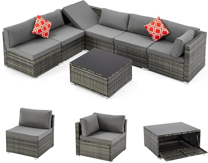 HOMREST 7 Piece Patio Furniture Set with Adjustable Bracket All-Weather Wicker Conversation Set with Coffee Table for Porch Garden Backyard (Gray)