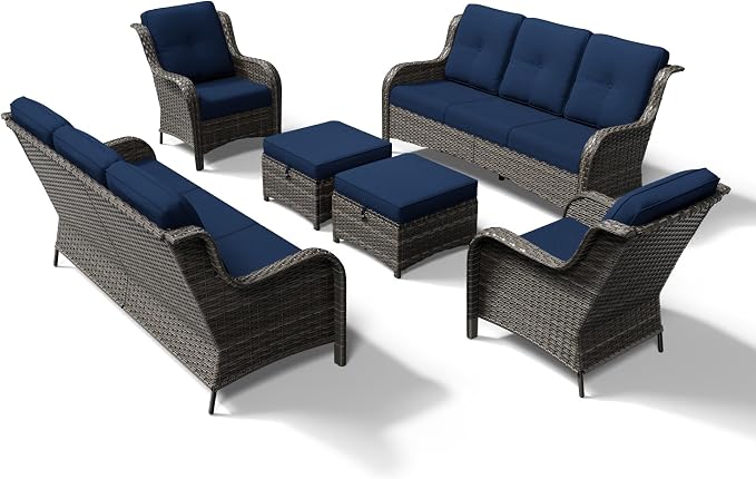 Joyside 6 Piece Wicker Patio Furniture Set, Rattan Patio Chairs with High Back, Deep Seating, Wide Armrest, Thickened Cushions, Outdoor Furniture for Deck, Porch Use