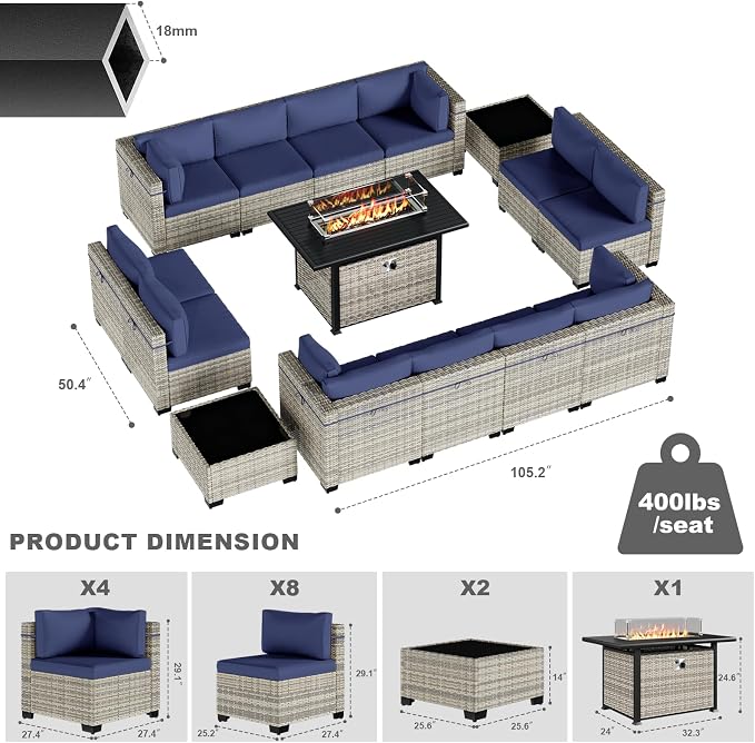15-Piece Patio Furniture Set, Outdoor Patio Furniture with 55,000 BTU Fire Pit Table, Thick Cushions, Modular Patio Sofa, Dual-Strand Wicker Rattan, Rust-Resistant Frame, Navy Blue