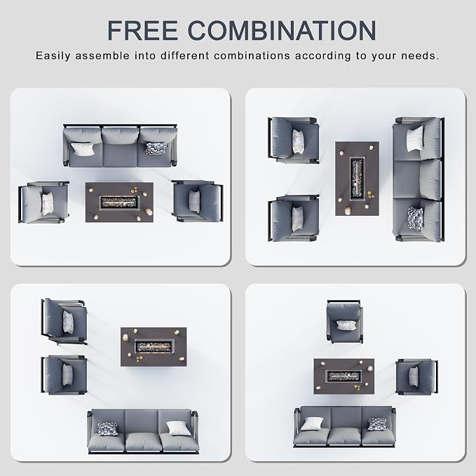 4 Pieces Patio Conversation Sets, All Weather Metal Outdoor Furniture Set 3-Seater 2 Single Chairs with Fire Pit Table for Backyard Garden Deck Porch Poolside, Gray