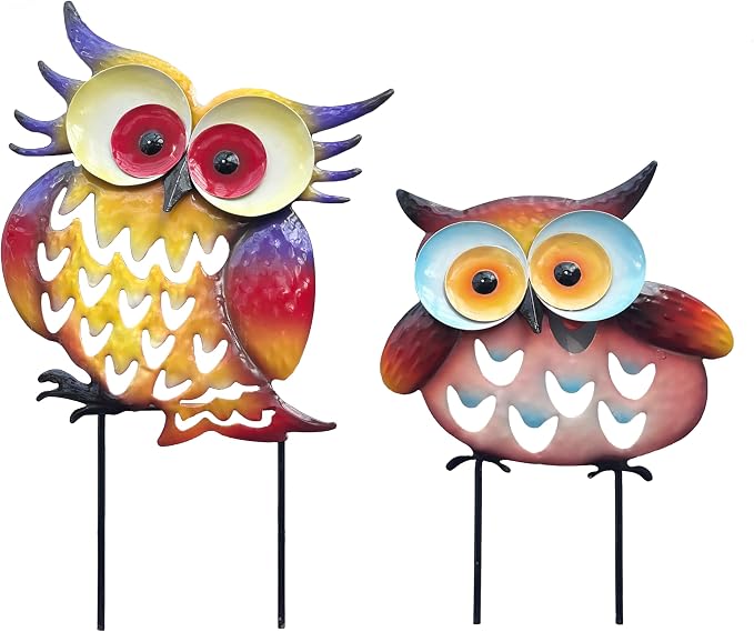 Pack of 2 Metal Fresh Color Owl Garden Statues Silhouette Owl Stakes Decorative Outdoor Statues Animal Sculptures for Yard Décor and Lawn Ornaments, MX202303-1 | Weatherproof metal. Fresh colored 2-pack silhouette stakes. Perfect for garden, yard, pati...