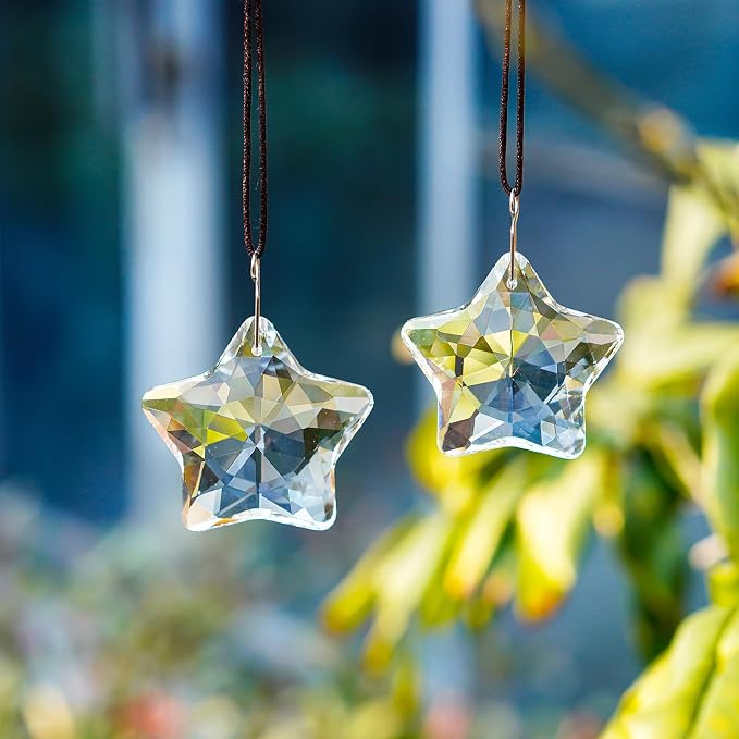 2 Pcs 2 Inch Clear Crystal Star Prism Suncatcher Hanging Decor | Clear Crystal Sun Catcher Prisms Star Shaped Hanging Pendants Set of 2 for Chandelier Patio Garden Window Home Wedding Decor