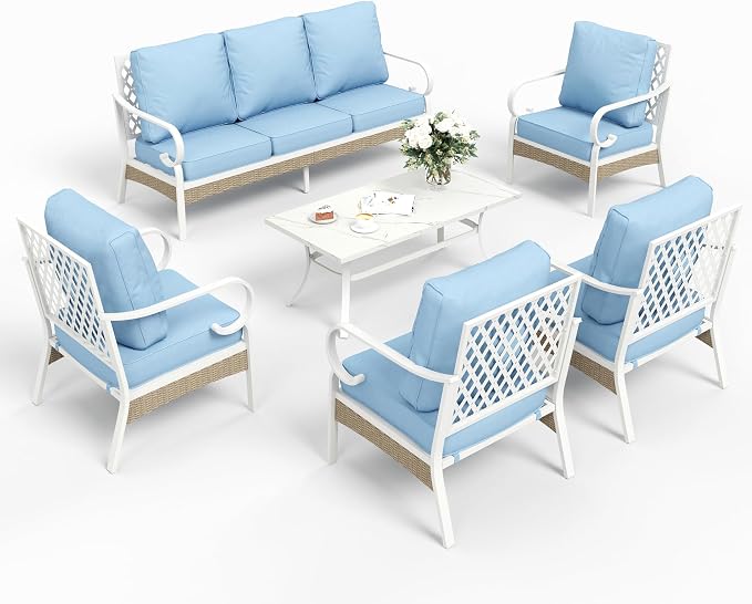 SUNSHINE VALLEY 6 Piece Metal Outdoor Patio Furniture Sets, Patio Conversation Sets 1 3-seater Sofa, 4 Single Sofa with 5.75" Extra Thick Cushion and Coffee Table, White Frame Backyard Furniture, Blue