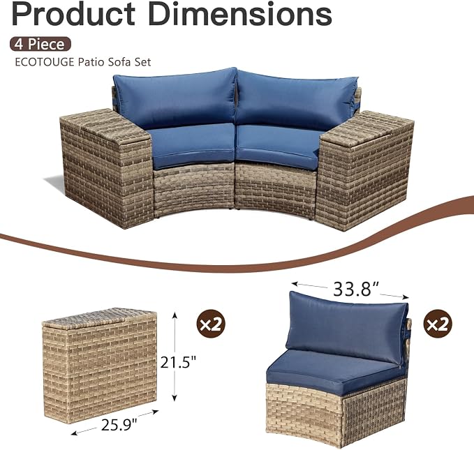 ECOTOUGE Patio Furniture Set, 4 Piece Half-Moon Sectional Round Patio Furniture Set, Wicker Cushion Sofa with 2 Storage Side Table for Pool Backyard Patio Garden(Blue)