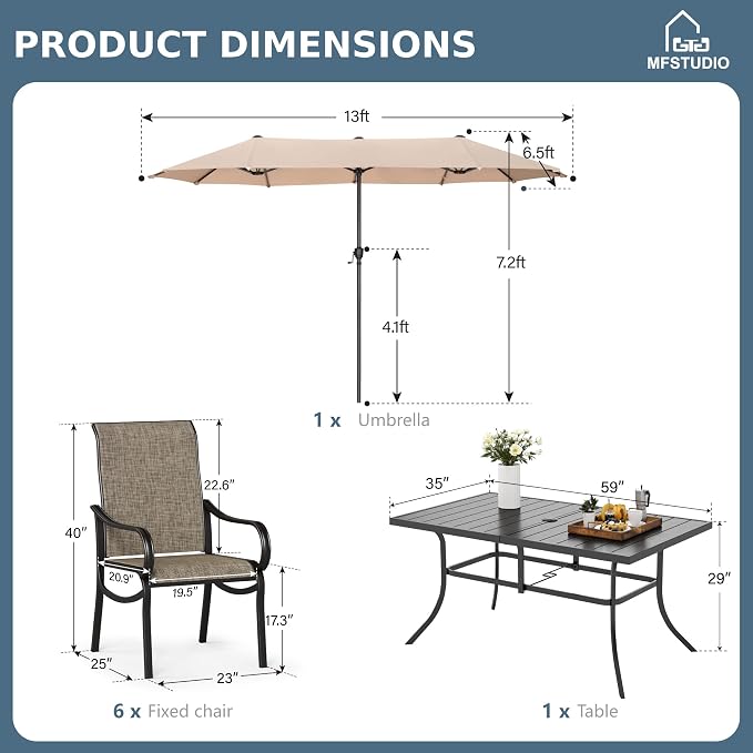 MFSTUDIO Patio Dining Set for 6, Outdoor Dining Set with Umbrella, Patio Furniture Set with Rectangular Table & Textilene Chairs & Beige Umbrella (Base not Included)
