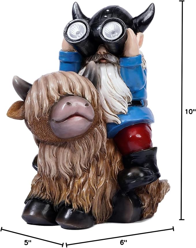 Joint Honglin Solar Garden Statues Resin Gnome Sitting on Highland Cow Outdoor Telescope Gnome Decorations Yard Ornament for Patio Lawn Balcony, Unique Housewarming Birthday Gifts for Mom Dad