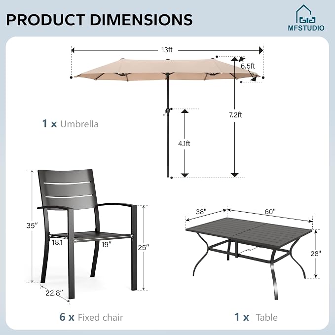 MFSTUDIO Outdoor Dining Set with Umbrella, Metal Patio Dining Set for 6 Persons, Patio Furniture Set with Beige Umbrella (Base not Included)