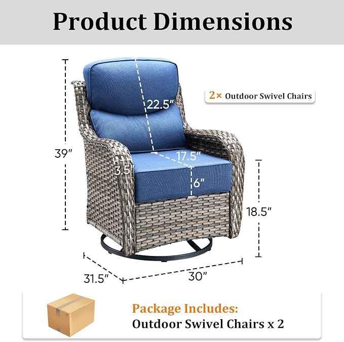 Luxury Outdoor Swivel Rocker Patio Chairs Set of 2 with 6-Inch Thick Cushions, High Back Swivel Patio Chairs Wicker Outdoor Gliders for Porch, Yard, Deck, Poolside, Grey/Blue