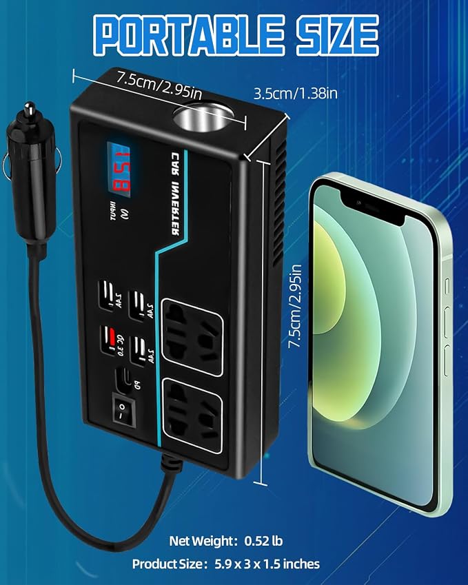 200W Power Inverter, 8-in-1 DC 12V to 110V AC Car Plug Adapter Outlets Converter with 30W PD3.0 & 4 USB Ports,Dual AC Outlet and 10A Cigarette Lighter Splitter, Car Charger for Laptop