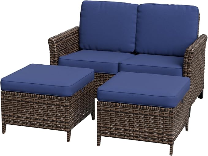 COOS BAY Harbor Retreat 3 Piece Outdoor Furniture Set, Patio Conversation Set with 2 Seat Loveseat and Ottomans, Wicker Furniture, Brown/Blue