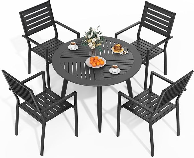 Pamapic 5-Piece HDPE Round Outdoor Dining Set, All-Weather Patio Furniture Set with Powder-Coated Iron Frame, Outdoor Table & 4 Stackable Chairs for Garden, Backyard, Poolside, Deck
