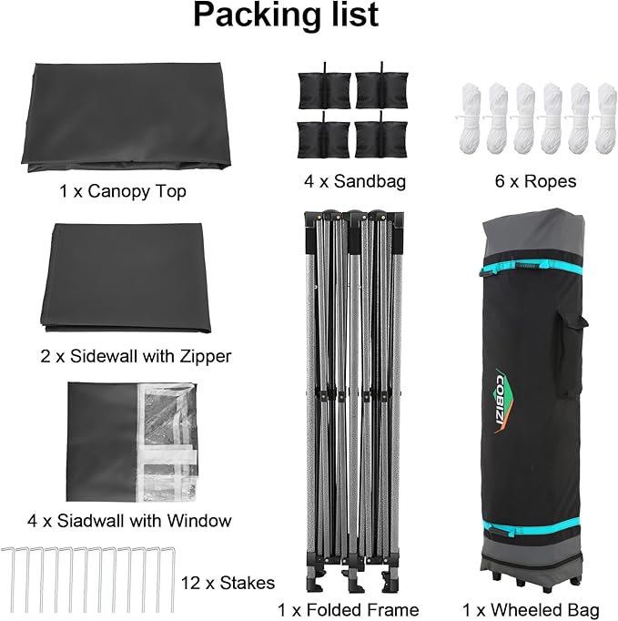 COBIZI 10x20 Pop up Canopy Tent 10x20 Canopy with 6 Sidewalls Waterproof Heavy Duty Commercial Canopy Tent for Parties Outdoor Garden Gazebo, Carry Bag with Wheel(10x20ft,Space Black)