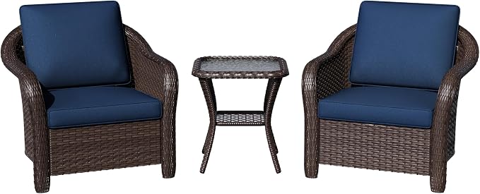 3 Piece Patio Wicker Bistro Set, 2 All-Weather Use Outdoor Wicker Chairs with PE Rattan Side Table,Ideal for Porch, Backyard, Balcony, Poolside, Blue