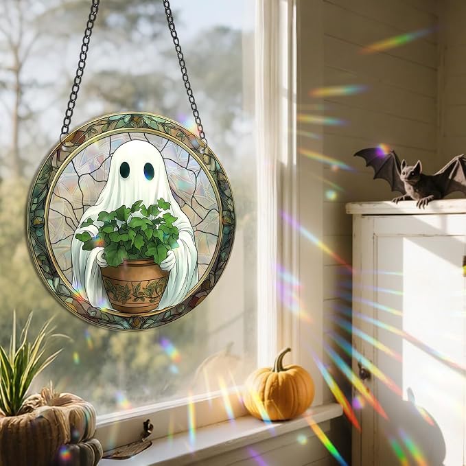 Acrylic Halloween Sun Catcher - 7.87 Inch Round Suncatcher for Window Hanging Decoration - Creates Indoor Rainbows Light Refraction - Spooky Ghost, Witch, Pumpkin Design