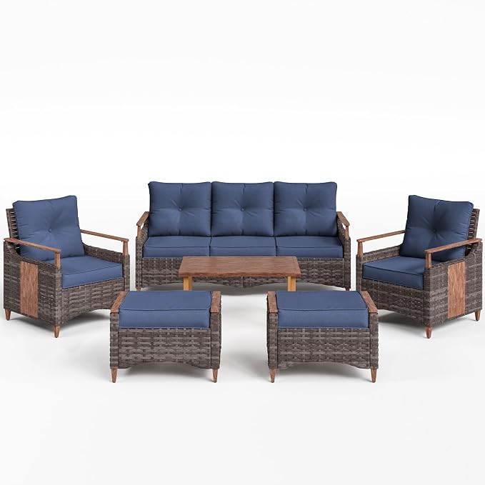 NestNook 6 Pieces Patio Furniture Set, Outdoor Conversation Set with All-Weather Handwoven PE Wicker Sofa, Rattan Chairs and Thick Cushion, Coffee Table & Ottoman for Backyard, Deck & Poolside, Blue