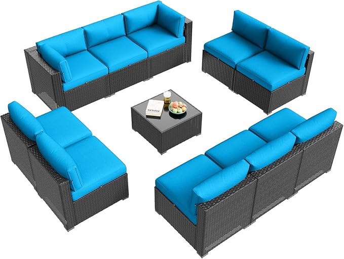 Aoxun Patio Furniture Set, 11 Piece Outdoor Sectional Sofas with Waterprool Cover, 10 Seats Wicker Rattan Outdoor Furniture Patio Conversation Set for Backyard, Garden Peacock Blue