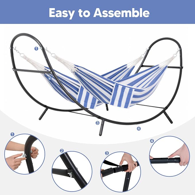 SUNCREAT Hammocks for Outside with Stand, Porch Hammock and Stand, 475 lbs Capacity, Patent Pending, Blue & White