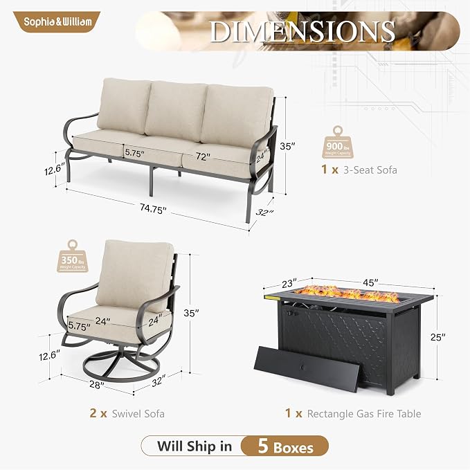 Sophia & William Patio Furniture Sets with 45" Gas Fire Pit Table Outdoor Metal Conversation Sets for 5, 2 x Swivel Cushioned Patio Sofa Chairs, 1 x 3-Seat Sofa 4 Pieces for Lawn Backyard Beige
