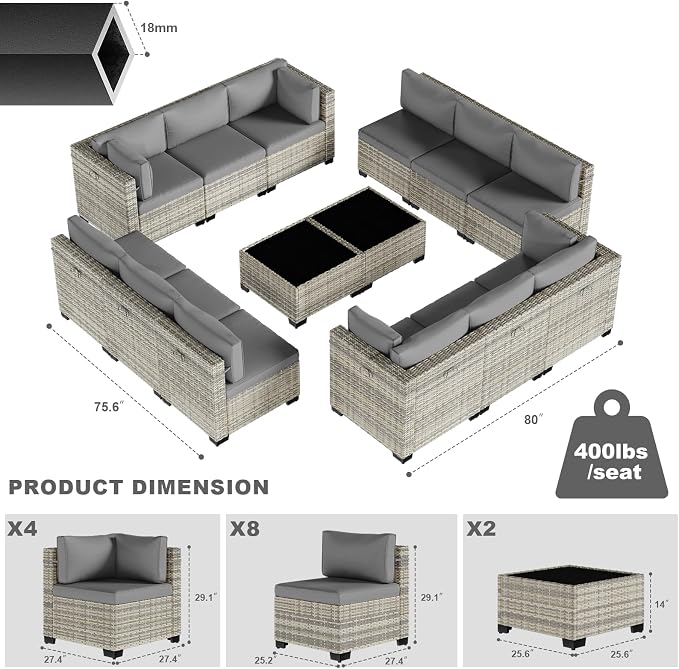 14-Piece Patio Furniture Set, Outdoor Sectional with Thick Cushions, Modular Patio Sofa, Dual-Strand Wicker Rattan, Rust-Resistant Frame, Backyard Furniture for Garden, Deck, Gray