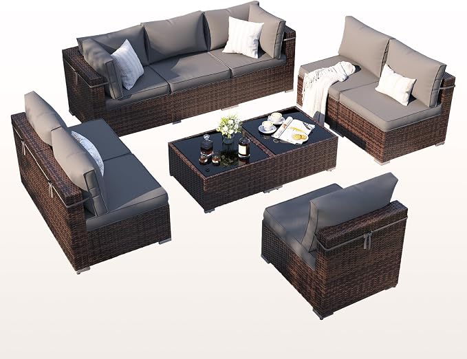 Patio Furniture Set, Modular 10-Piece Patio Conversation Sets with Coffee Table, All-Weather Wicker Outdoor Sectional for Backyard and Balcony, Grey (Waterproof Covers Included)