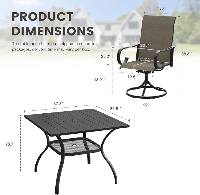 5 Pieces Patio Dining Set, 4 Outdoor Swivel Dining Chairs with 37.8" Square Metal Outdoor Dining Table with Umbrella Hole for Garden Backyard Deck, Mixed Brown & Black