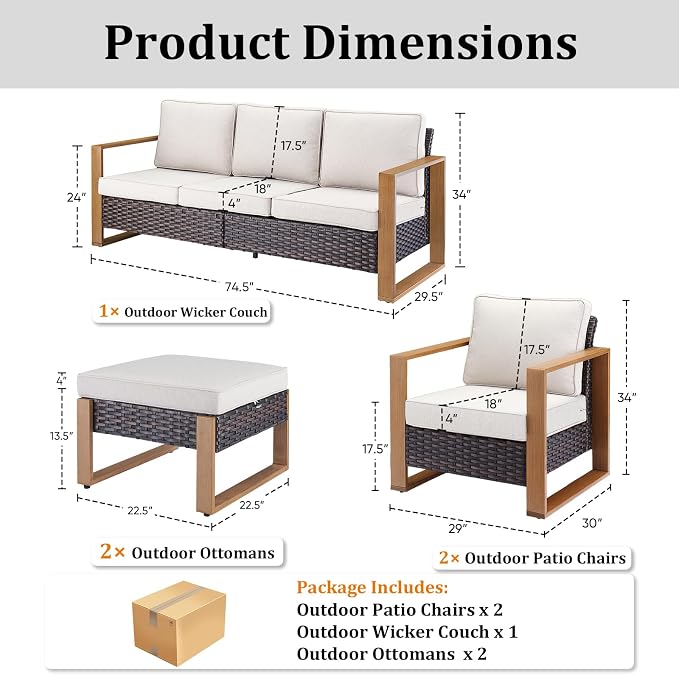 5-Piece Outdoor Patio Furniture Set with Rattan Chairs, All-Weather Wicker Sofa Set for Garden, Yard, Porch and Poolside Seating Beige