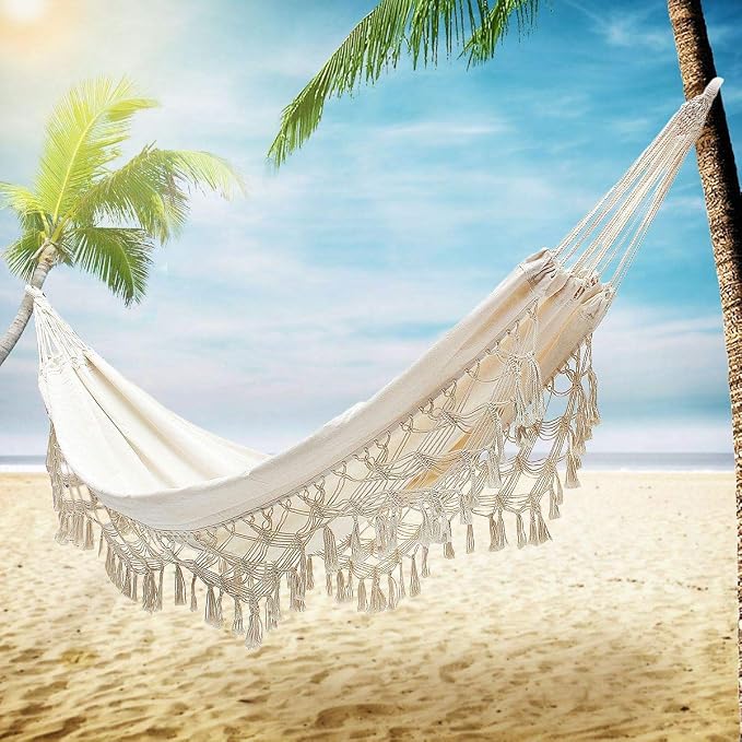 Boho Macrame Hammock with Tassels Patio, 400 lbs Portable Hammock with Travel Bag for Porch Patio Bedroom Balcony Outdoor Indoor (79 * 59'')