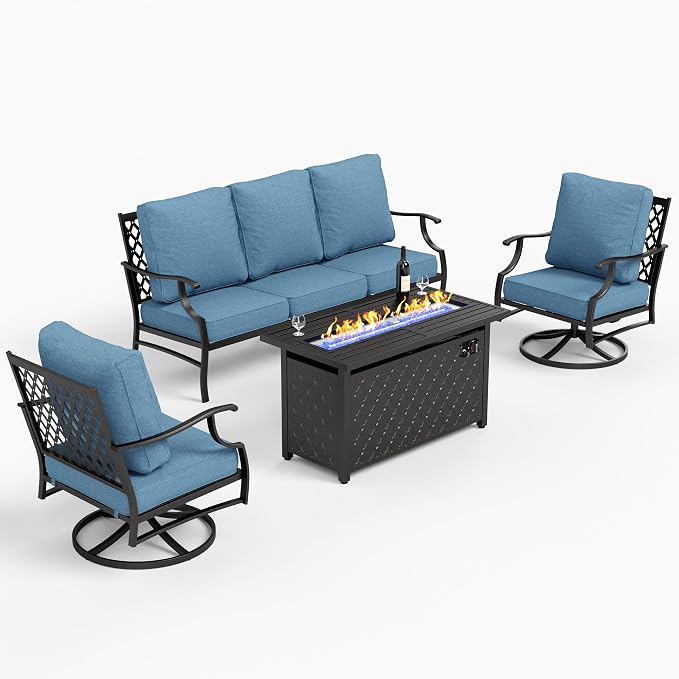 SUNSHINE VALLEY 4 Piece Metal Outdoor Patio Furniture Sets with 5000 BTU Firepit Table, Patio Conversation Sets 1 3-seater Sofa, 2 Swivel Chair with 5.75" Thick Cushion, Black Backyard Furniture, Navy