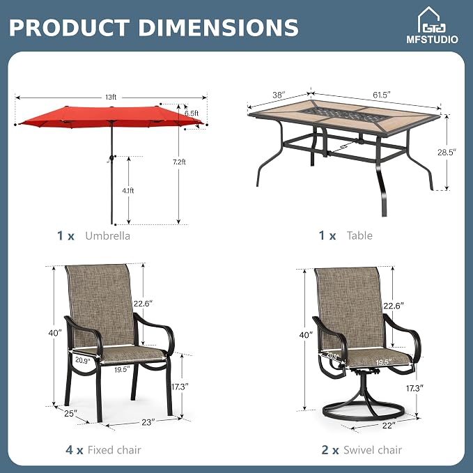 MFSTUDIO Outdoor Dining Set with Umbrella, Patio Dining Set for 6 Persons, Patio Furniture Set with 1 Rectangular Table Fixed Chairs 2 Swivel Chairs & Orange Red Umbrella (Base not Included)