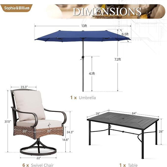 Sophia & William Patio Set with Umbrella 8 Piece Outdoor Dining Set for 6 with 13ft Double-Sided Patio Navy Umbrella, 6 x Swivel Patio Chairs, 1 Rectangular Dining Table for Lawn Garden