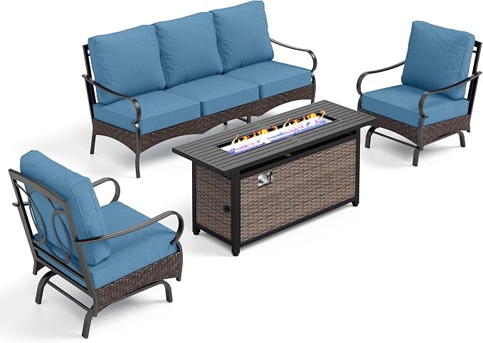 Patio Furniture Set with 56" Fire Pit Table, Premium Outdoor Wicker Metal Frame Furniture with Upgraded Waterproof Thick Cushions for Porch, Poolside, Deck, and Yard (4 Pieces,Navy
