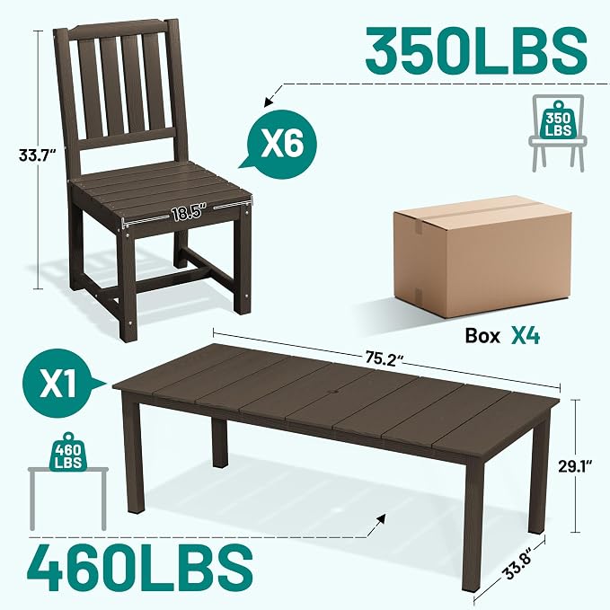 PLUUV Outdoor Dining Set for 8 Person, HDPE Large Table with Aluminum Legs and 8 Armless Chairs, All-Weather Patio Dining Furniture Set with Umbrella Hole for Backyard, Garden, Coffee