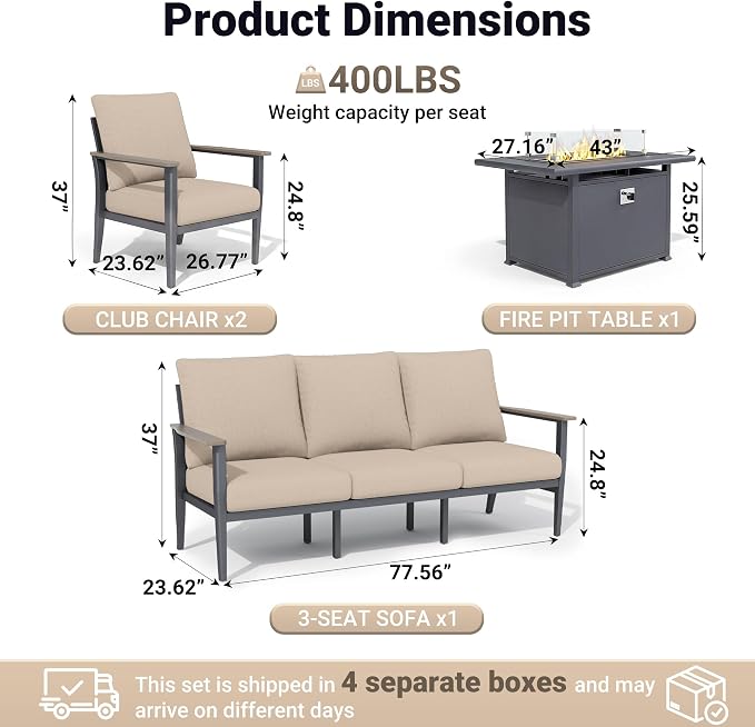 Aluminum Outdoor Patio Furniture Set, 4-Piece Outdoor Sofa with 5.1" Thick Cushions, 55,000 BTU Propane Fire Pit Table, Outdoor Couch for Balcony, Porch, Khaki