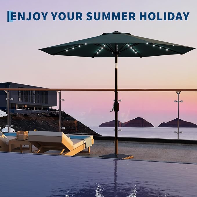 Garvee 9/10 FT Solar Patio Umbrella with 32 LED Lights - Outdoor Table Umbrella with Crank Lift, Push Button Tilt and 8 Sturdy Ribs - Market Umbrella UV Protection for Pool, Deck, Yard, Garden