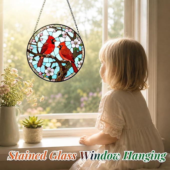 Cardinal Pair Stained Glass Suncatcher Window Hanging Bird Memorial Gift | 7.8in Garden Sun Catcher, Red Cardinals Patio Decor, Gifts for Mom Grandma Bird Lovers & Valentine Day, Christmas Ornaments