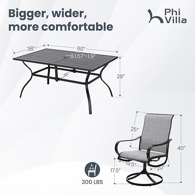 PHI VILLA Patio Dining Set for 6, Large Metal Table and 6 Outdoor Swivel Dining Chairs with Textilene Mesh Fabric, All Weather Patio Dining Furniture Set for Deck Lawn Garden (Gray)