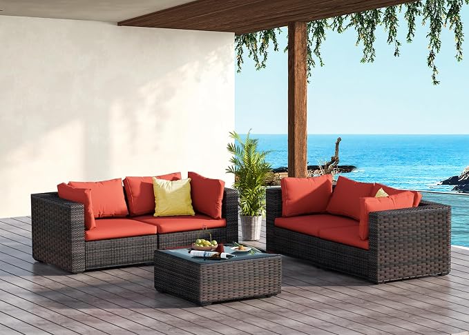 Patio Furniture Set 5 Piece All Weather PE Rattan Outdoor Sectional Sofa Couch with 4 x arm Sofa, No-Slip Cushions and Glass Top Table for Garden, Poolside, Backyard (Red)