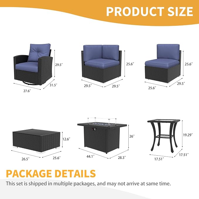 LayinSun 9 Pieces Patio Furniture Set with Fire Pit Table, Black Rattan Modular Sectional Outdoor Conversation Sofa Set, Swivel Rocking Chairs Set