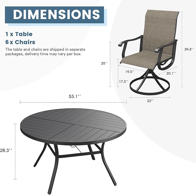 DIFY Patio Table and Chairs Set for 6, 7 Piece Outdoor Dining Set Includes 53.1" Black Round Metal Dining Table with Umbrella Hole and 6 Brown Textilene Swivel Patio Chairs, for Garden Backyard Deck
