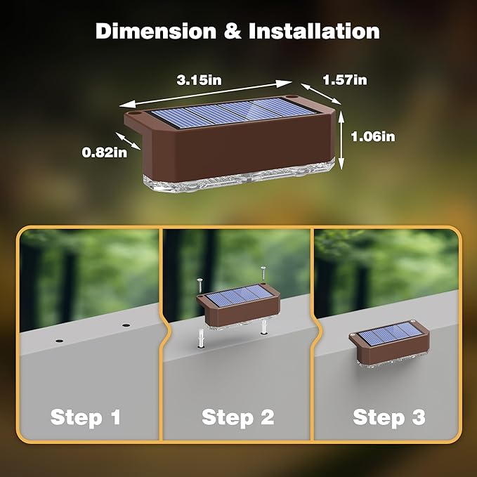 Peasur Solar Fence Lights Outdoor, 8 Pack Step Light Solar Powered, Waterproof LED Deck Lights for Stairs Railing Yard Patio Outside Warm White-Brown