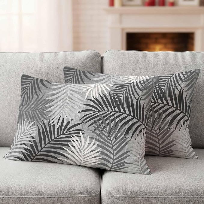 Gray Palm Leaves Waterproof Outdoor Pillow Covers Set of 2 Home Decor, Summer Tropical Leaf Plant Lumbar Pillowcase Patio Pillow Covers for Couch Bench Patio Furniture Garden 20x12in