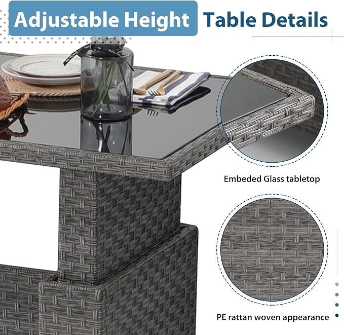 JOIVI 7 Piece Outdoor Patio Furniture Set with Adjustable Height Dining Table, Rattan Outdoor Sectional Sofa Conversation Set, PE Wicker L-Shaped Patio Furniture for Garden, Backyard, Deck, Black